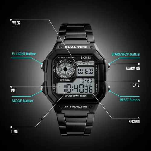 Vista 6 de Moda deportes acero inoxidable LED Digital alarma cronógrafo impermeable multifunción hombres reloj de cuarzo