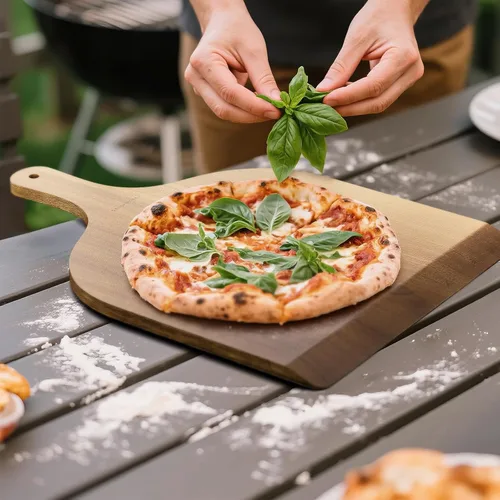 Vista 3 de G.a HOMEFAVOR Pala de pizza de madera de acacia, paleta de pizza de 12 x 14 pulgadas con mango de madera, espátula de pizza para hornear