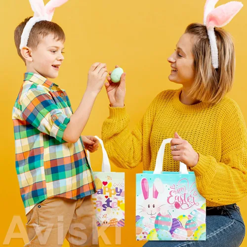 Vista 6 de Aviski 12 bolsas de caza de huevos de Pascua de varios tamaños, bolsa de regalo de huevos de gallina de zanahoria con asas, bolsas de regalo