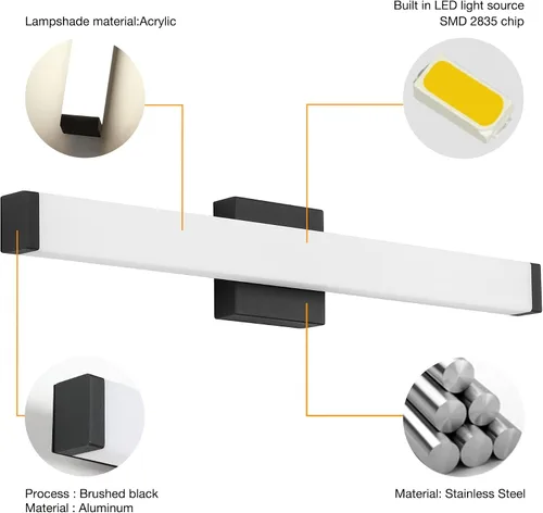 Vista 4 de Lámpara de tocador de baño de níquel cepillado, cuadrada, LED, 60 cm (24 pulgadas), 14 W, luz blanca natural, 4000 K, barra de luz para espejo