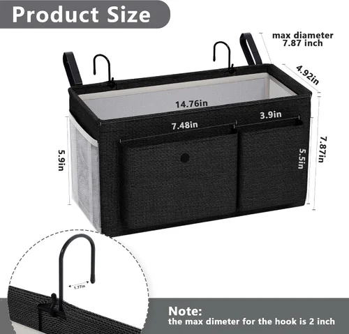 Vista 3 de Edudif Organizador de mesita de noche con correas fijas y soporte para botella de agua, litera ideal para el hogar, dormitorio, hospital, cuna, Negro