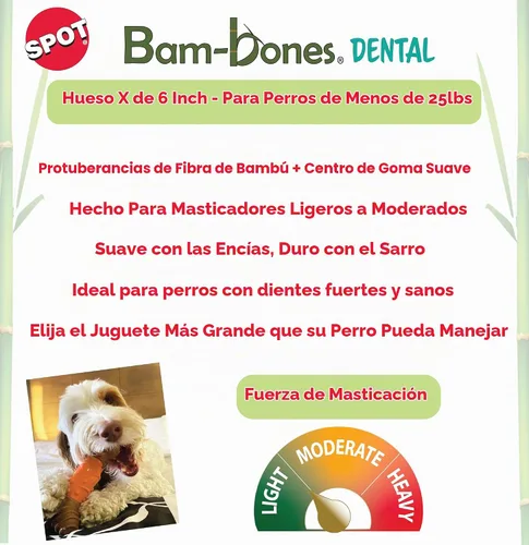 Vista 2 de SPOT Bam-Bones Dental X-Bone - Fabricado con fibra de bambú y un centro de goma masajeadora para mantener los dientes limpios, cuidado bucal
