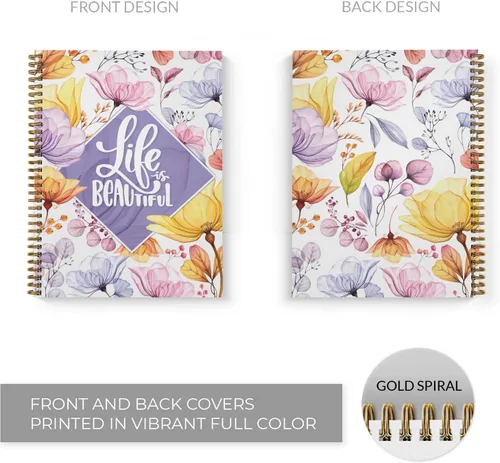 Vista 4 de Life is Beautiful - Cuaderno floral en espiral, diario de 8.5 x 11 pulgadas, 120 páginas con rayas universitarias, tapa blanda laminada brillante