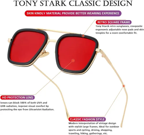 Vista 5 de PORADAY Tony Stark - Gafas de sol Iron Man con marco de metal cuadrado vintage