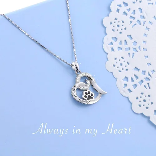 Vista 3 de FLYOW Juego de joyas de plata de ley 925 con estampado de pata de corazón y collar para mujer, Plata esterlina Zirconia cúbica