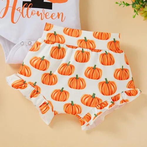 Vista 7 de GRNSHTS Traje de Halloween para bebé recién nacido, mi primer disfraz de Halloween con volantes y pantalones cortos de calabaza, 3 piezas