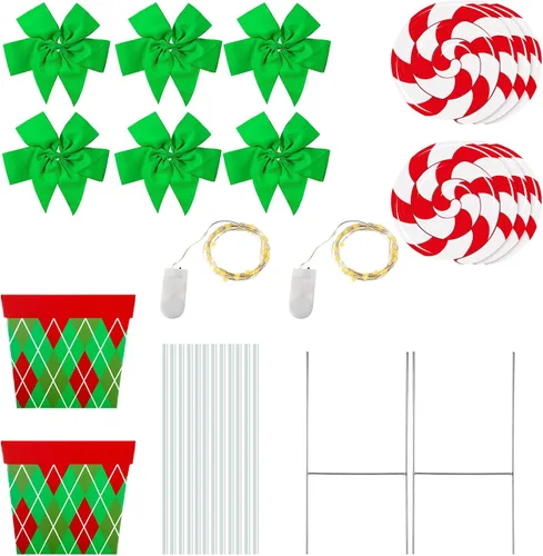 Vista 3 de Skylety 2 juegos de decoraciones navideñas de bastón de caramelo de menta al aire libre con estaca de 112 cm para césped, jardín, poste con luces