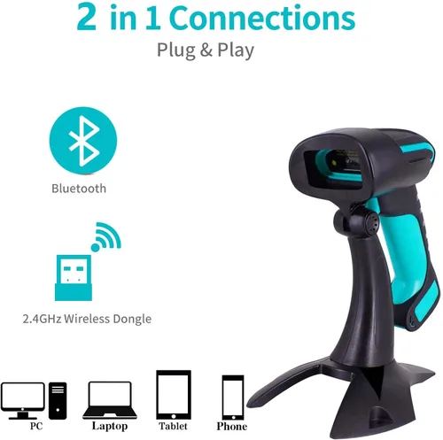 Vista 4 de Alacrity Escáner de código de barras industrial 2D 1D QR con soporte, Bluetooth inalámbrico de 2.4 GHz 2 en 1, lector de código de barras manos