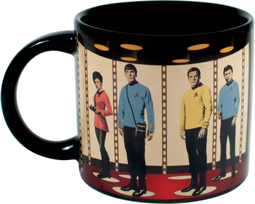 Vista 4 de Taza de café con cambio de color según temperatura con diseño de transportador Star Trek. Añada líquido caliente y Kirk, Spok, McCoy y Uhura