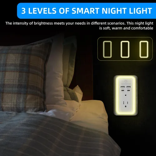 Vista 2 de Protector de sobretensiones de enchufes múltiples, extensor de 7 salidas con luz nocturna, cargador de pared USB con 2 puertos USB C y 2 puertos