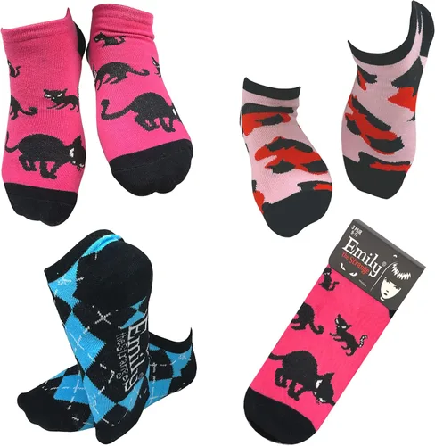 Vista 6 de Women's Emily the Strange Cute Fun Edgy Black Cat Skull No show Socks - 6 Pair