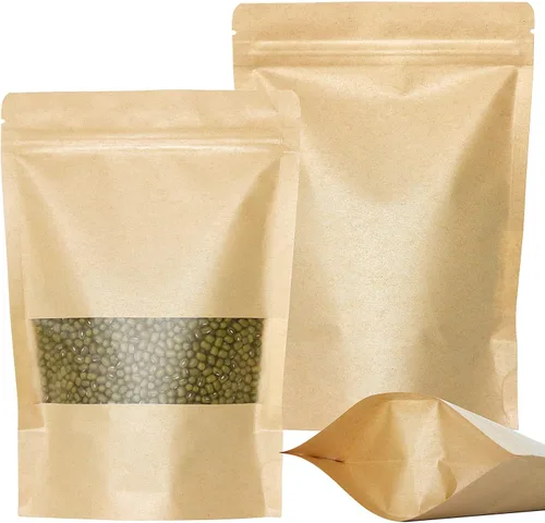 Vista 8 de SumDirect Bolsas de pie de estraza – 50 bolsas de papel kraft resellables con ventana, bolsas de almacenamiento de alimentos con cremallera
