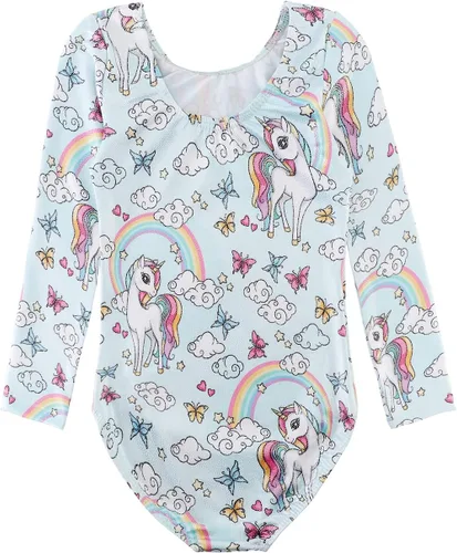 Vista 94 de HOZIY - Leotardos de manga larga para niñas, de gimnasia, para niños pequeños, trajes florales de unicornio, galaxia, arco iris, patrón de rayas