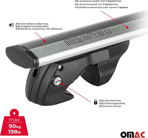 Vista 6 de OMAC Barras transversales de aluminio para VW Touareg 2004-2006, 2 unidades, antirrobo para viajes, kayak, canoa, surf, esquí, snowboard, camping