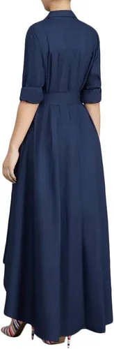 Vista 18 de VERWIN Vestido largo de manga larga para mujer, holgado, elegante, con botones, con bolsillos y cinturones