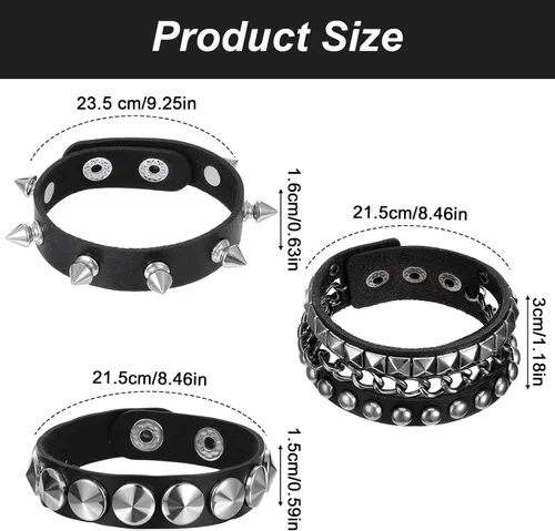 Vista 2 de Ptwola 3 pulseras de cuero punk rock con tachuelas, pulseras de joyería de cuero punk de los años 80, juego de pulseras góticas de los años 80