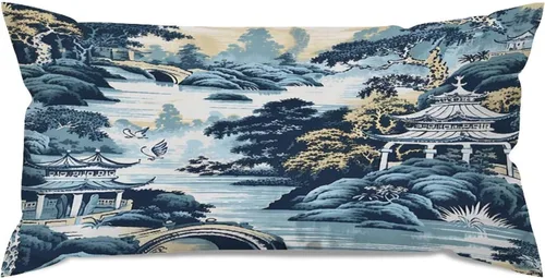 Vista 25 de Chinoiserie - Fundas de almohada decorativas de porcelana azul y blanca con patrón de edificios de estilo chino de 12 x 20 pulgadas, fundas de cojín