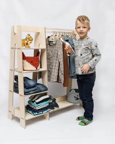Vista 11 de Sweet Home from wood Armario infantil – Perchero de madera con riel colgante y estante de exhibición para niños – Muebles de vestir de bricolaje