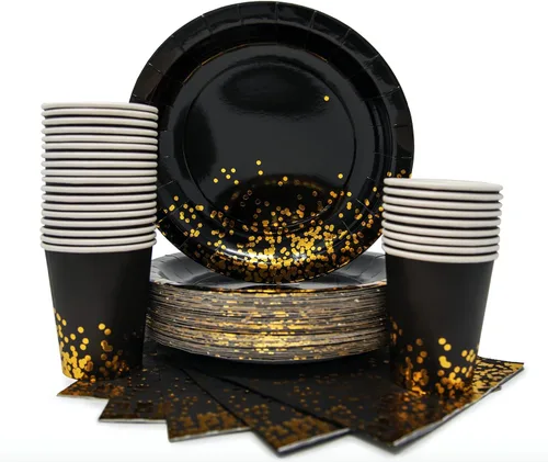 Vista 5 de Platos negros de papel negro de 9 pulgadas, 50 unidades, platos de papel negro y dorado para fiesta, 21 cumpleaños, graduación, Año Nuevo