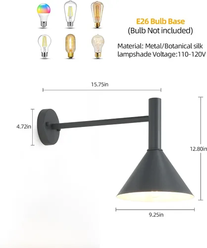 Vista 6 de Lámpara de granero de cuello de cisne negro satinado de 19 pulgadas con brazo de extensión largo de 15 pulgadas, aplique de pared de granja