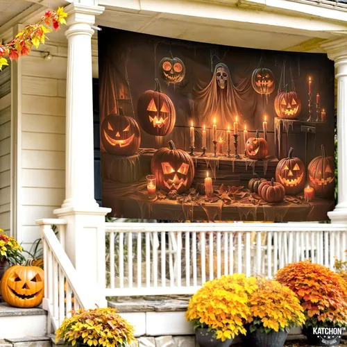 Vista 6 de KatchOn Telón de fondo espeluznante de Halloween de 72 x 44 pulgadas Calabaza café
