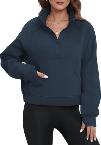 Vista 7 de ATHMILE Sudaderas para mujer, sudaderas cortas con capucha y media cremallera, forro polar, suéter con cremallera de un cuarto, suéter de moda