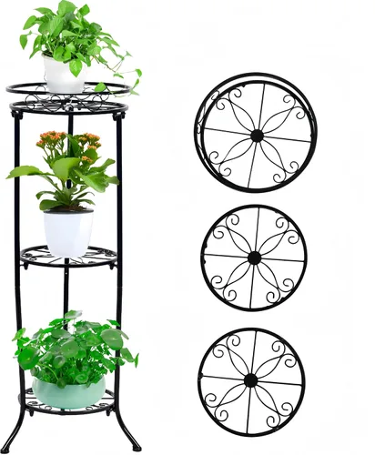 Vista 7 de FAMZ Soporte para plantas para interiores y exteriores, 3 niveles de alto, soportes de metal negro para plantas, estante redondo de 35 pulgadas