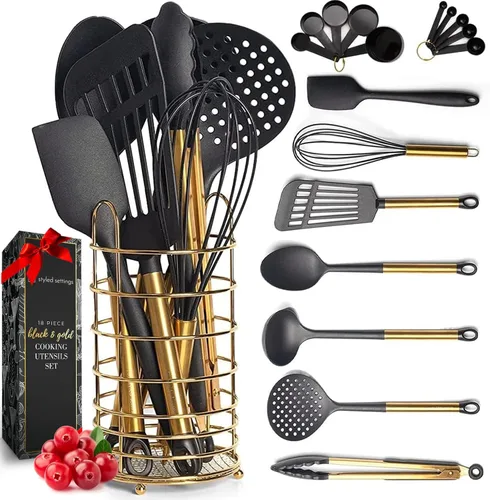 Vista 11 de Juego de utensilios de cocina negros y dorados con soporte de acero inoxidable, utensilios de cocina de nailon de 18 piezas con tazas medidoras