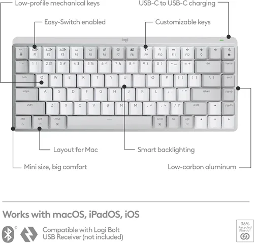 Vista 6 de Logitech MX Mechanical Mini - Teclado inalámbrico iluminado para Mac, interruptores de rendimiento de bajo perfil, teclas táctiles silenciosas, Gris