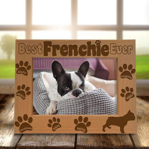Vista 2 de KATE POSH Best Frenchie Ever - Marco de fotos de madera natural grabado, marco de fotos de bulldog francés, regalos conmemorativos para mascotas