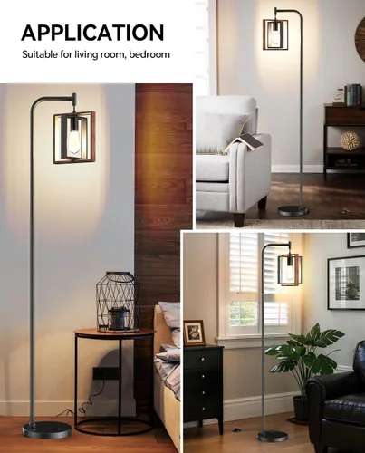 Vista 6 de Lámpara de pie industrial de 67 pulgadas con pantalla de madera y metal negro, lámpara de pie moderna, lámpara alta rústica para sala de estar