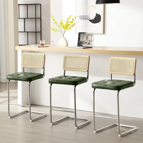 Vista 10 de ONEVOG Juego de 3 taburetes de bar de 26 pulgadas de altura de mostrador para cocina, modernas sillas tapizadas de ratán de mediados de siglo