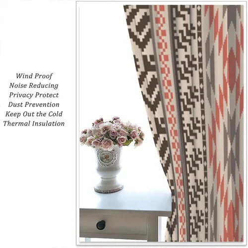 Vista 403 de Cortinas con patrón geométrico tribal, estilo suroeste, azteca, rústico, occidental, nativo americano, opacas, con bolsillo para barra, decoración