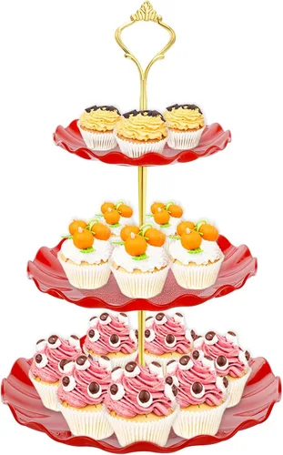 Vista 8 de BACUTHY Soporte para magdalenas de 3 niveles, toalla de soporte para pastel de plástico con bandeja de servicio escalonada para magdalenas, donuts