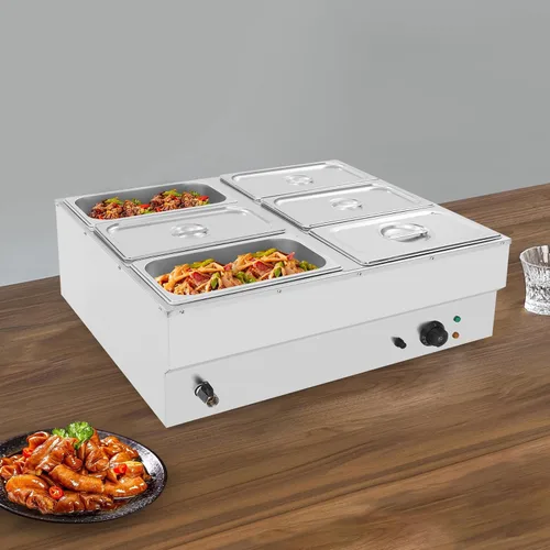 Vista 4 de Calentador de alimentos comercial, 6 sartenes de 1.77 galones/por encimera Bain Marie con tapa, temperatura ajustable (86-230℉), calentador