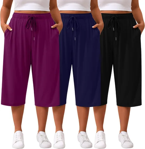 Vista 9 de Paquete de 3 pantalones capri de talla grande para mujer, ajuste holgado, pierna ancha, pantalones recortados para yoga, descanso, entrenamiento