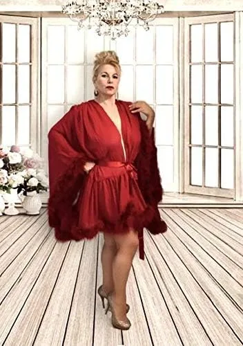 Vista 6 de Changuan Bata de novia de plumas sexy bufanda de boda ilusión camisón bata de baño transparente ropa de dormir