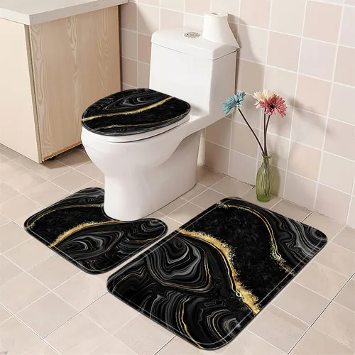 Vista 3 de Nkzply Juego de 4 Piezas de Cortinas de Ducha de Mármol Negro con Alfombras, Juegos de Baño Dorados con Cortina de Ducha y Alfombras, Accesorios