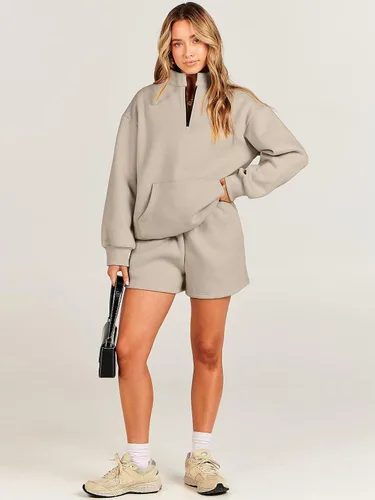 Vista 9 de ANRABESS Conjunto de 2 piezas para mujer, sudadera y pantalones cortos, de gran tamaño, casual, conjunto de sudadera para descansar, conjunto