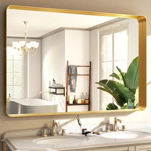 Vista 28 de Espejo de baño negro de 30"x22" - Espejo moderno para pared con esquinas redondeadas, espejos de baño para tocador, espejo enmarcado de aleación