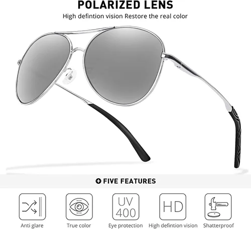 Vista 3 de BOTPOV Gafas de sol de aviador para hombres y mujeres, polarizadas, protección UV400, lente espejada, marco de metal con bisagras de resorte..