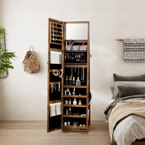 Vista 2 de SDHYL - Armario de almacenamiento de joyas con espejo, organizador de joyas colgante con rotación de 360, cajas y organizadores de joyas de madera