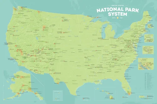 Vista 15 de Póster de unidades del sistema de parques nacionales de EE. UU., mapa de 24 x 36 pulgadas (beige y azul claro)