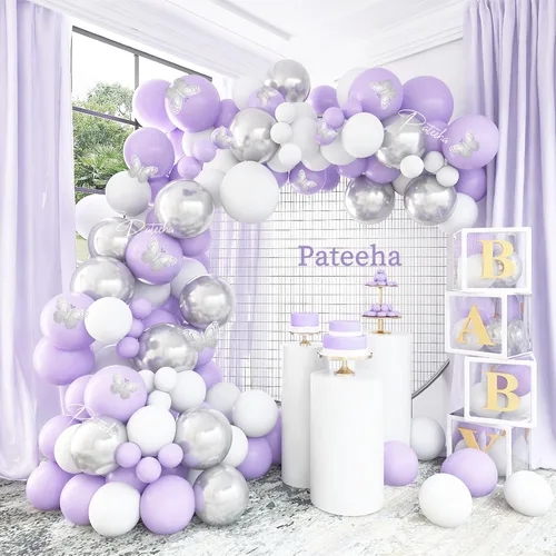 Vista 8 de Pateeha Kit de arco de globos morados, 140 piezas de guirnalda de arco de globos blanco lavanda y plata, calcomanías de mariposa, 12 piezas