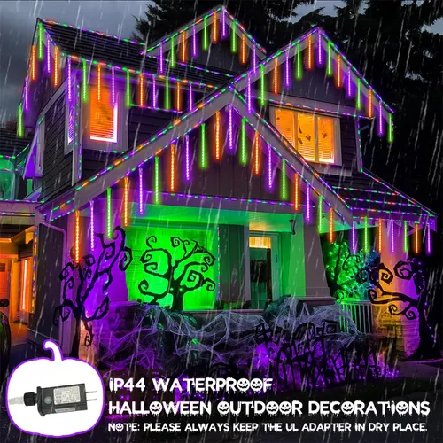 Vista 3 de Paquete de 2 luces de Halloween para exteriores, 16 tubos y 384 luces LED de lluvia de meteoritos Extendable, Timer, Waterproof Halloween String