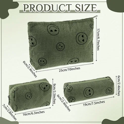 Vista 2 de Huhumy Juego de 3 bolsas de maquillaje para mujeres, bolsa cosmética de pana con sonrisa estética, bolsa de viaje para artículos de tocador, linda