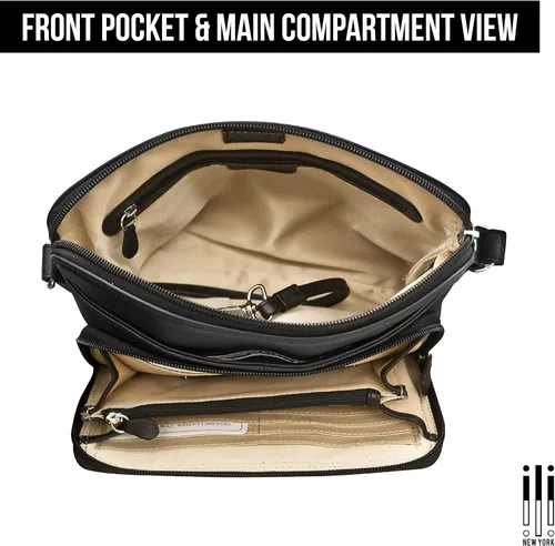 Vista 3 de ili New York - Leather Shoulder Handbag wSide Organizer - Soft, Smooth Leather Handbag wRFID Blocking Lining