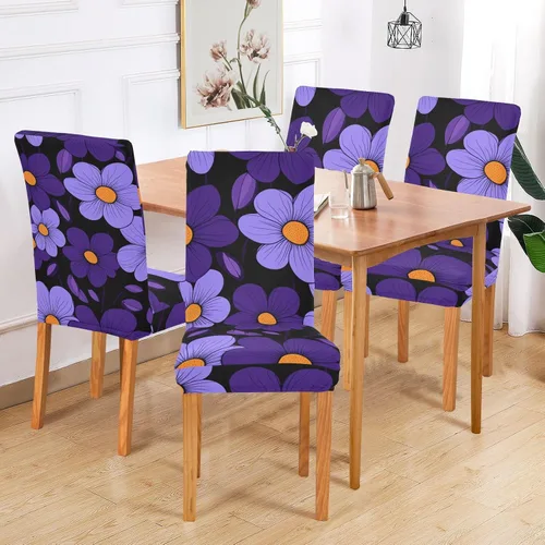 Vista 6 de Simple Purple Flowers Black Background Decorative Chair Cover for Bedroom Washable Club Chair Cover fundas para sillas de comedor Set of 4