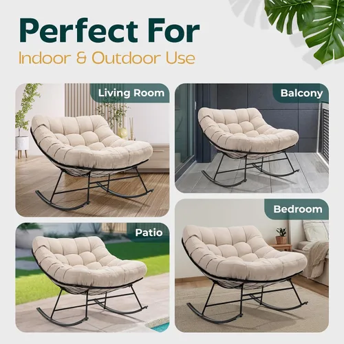 Vista 5 de Bme Mecedora de patio para exteriores e interiores, mecedora de metal con cojín grueso, cómoda y moderna silla mecedora para sala de estar, porche