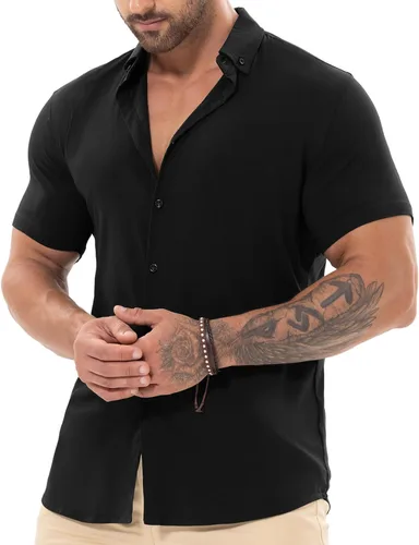 Vista 4 de Askdeer Camisas de vestir musculosas para hombre, ajustadas, manga corta, elásticas, casuales, con botones